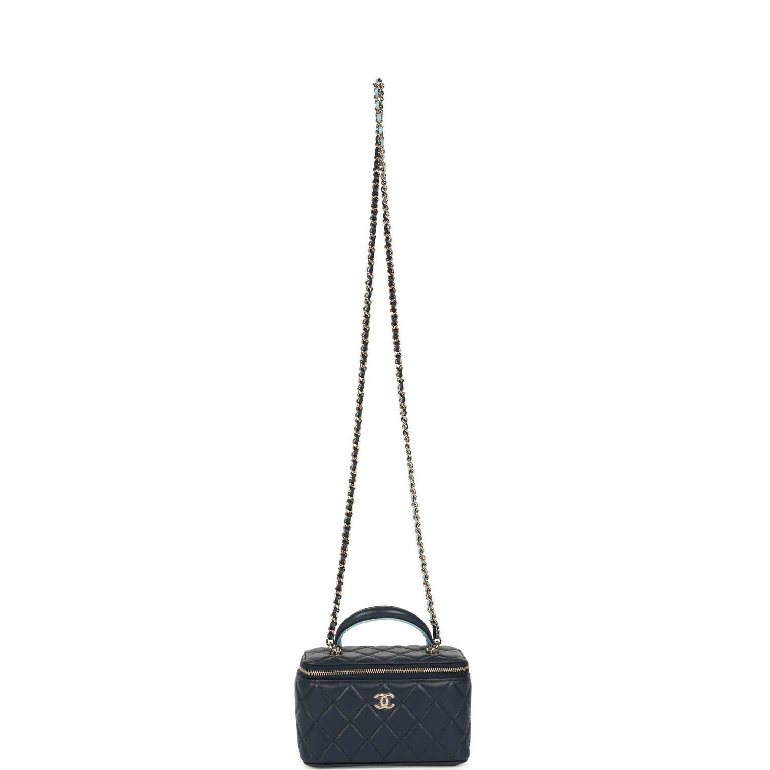 Chanel Small Top Handle Vanity Case Navy & Light Blue Lambskin Light Gold Hardware
