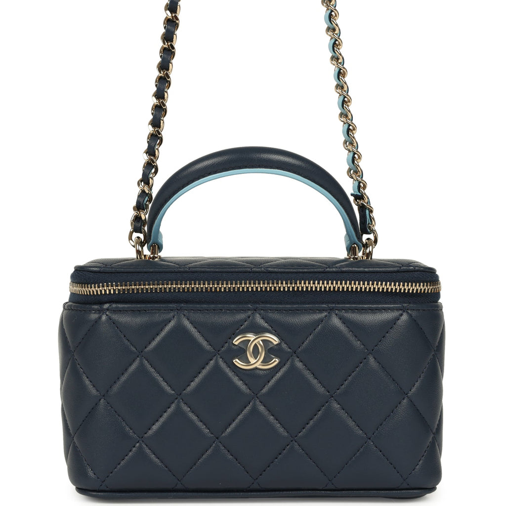 Chanel Small Top Handle Vanity Case Navy & Light Blue Lambskin Light Gold Hardware