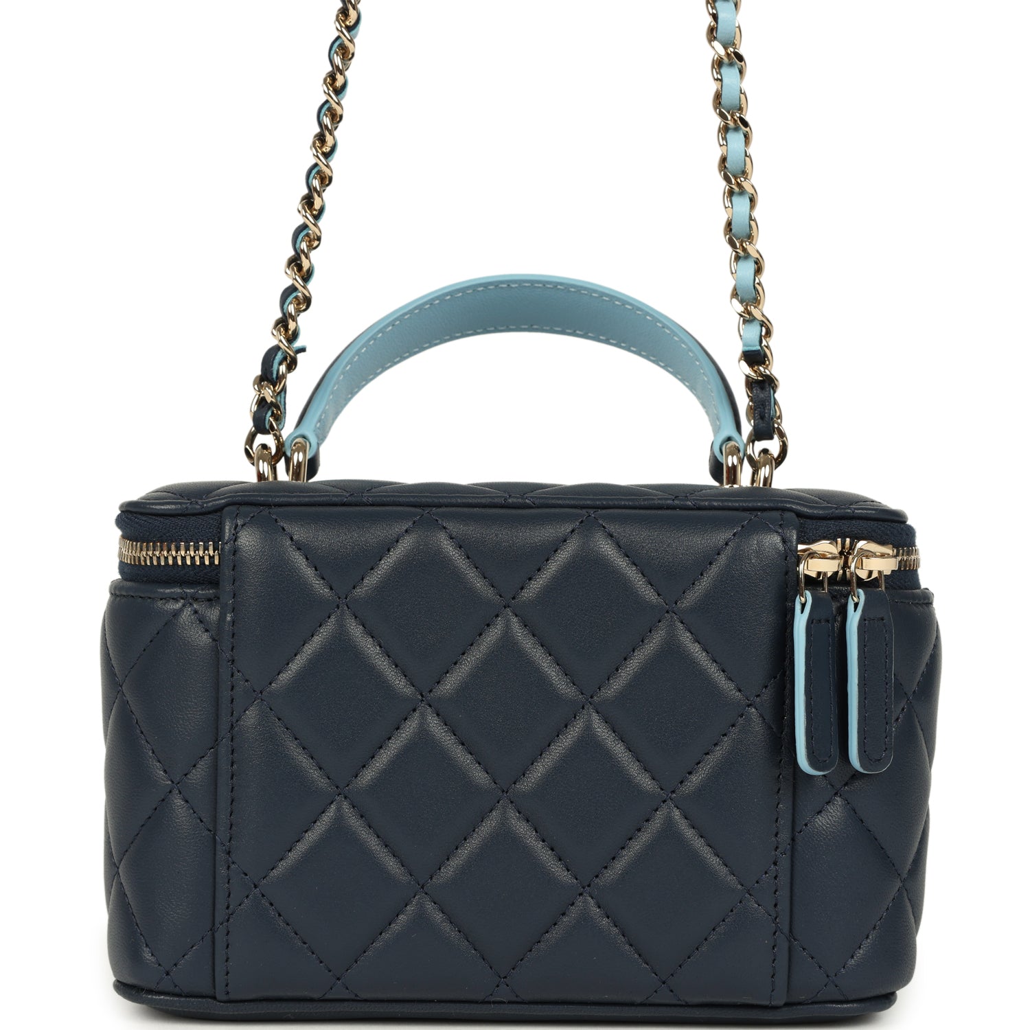 Chanel Small Top Handle Vanity Case Navy & Light Blue Lambskin Light Gold Hardware