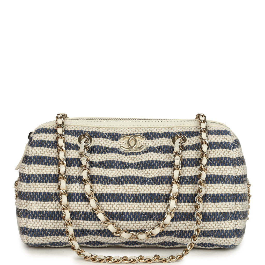 Chanel Mini Timeless Classic Barrel Bag with Chain Light Beige and Dark Blue Striped Woven Fabric Light Gold Hardware
