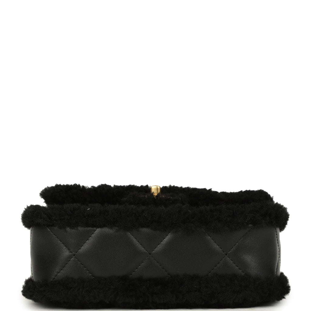 Chanel Mini Shearling Flap Bag Black Lambskin Brushed Gold Hardware