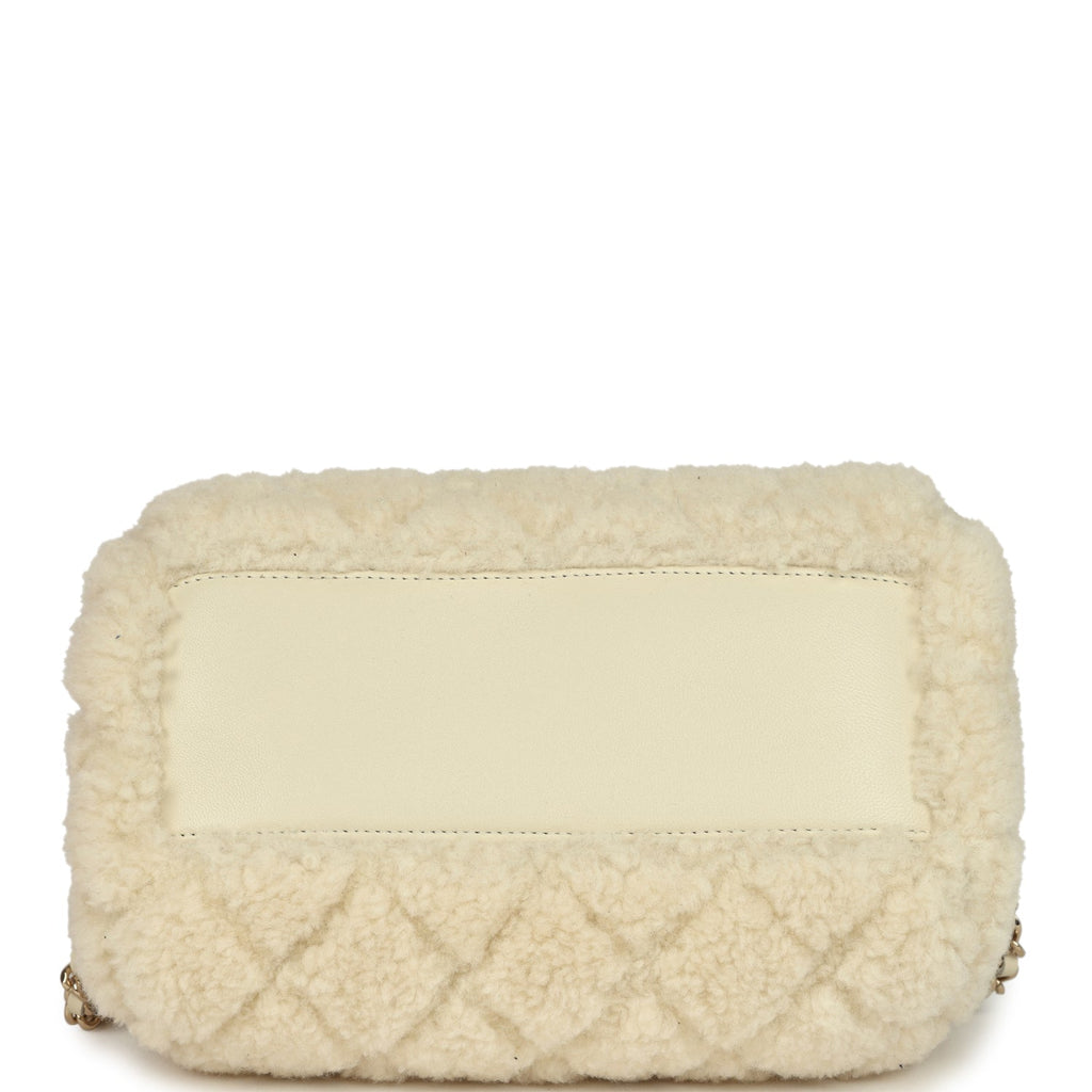 Chanel Mini Timeless Classic Barrel Bag with Chain Beige Shearling Light Gold Hardware