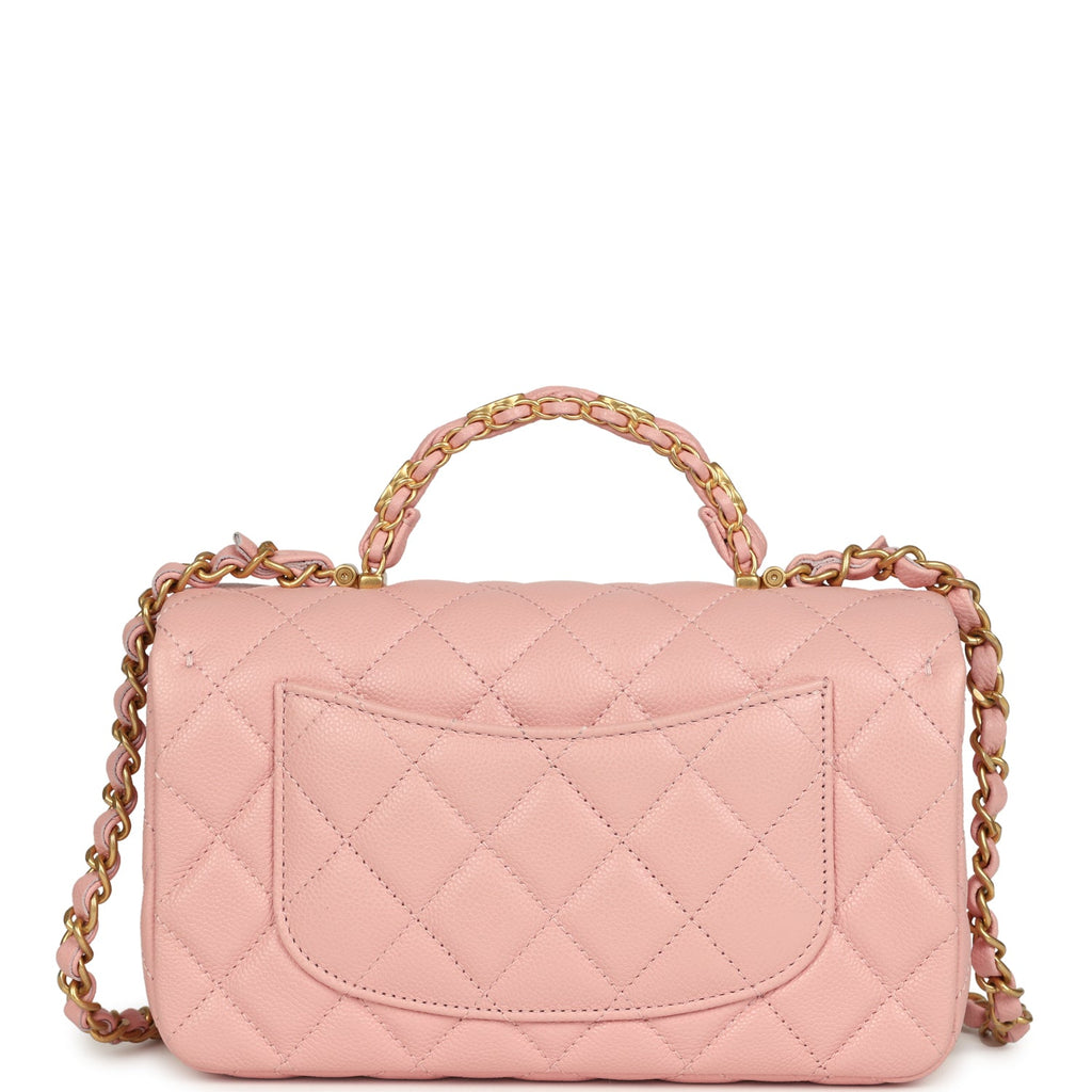 Chanel Mini Rectangular Flap Bag with CC Top Handle Pink Shiny Caviar Antique Gold Hardware