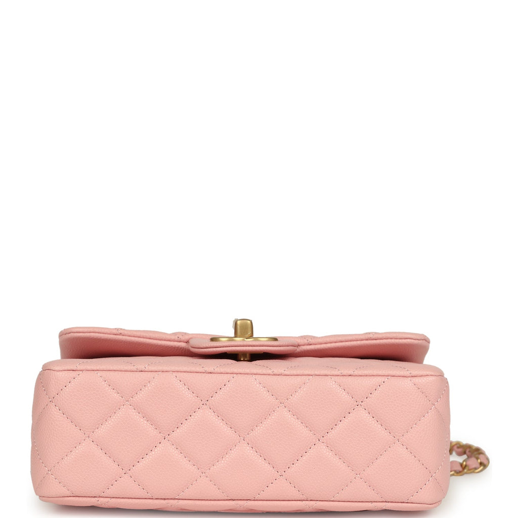 Chanel Mini Rectangular Flap Bag with CC Top Handle Pink Shiny Caviar Antique Gold Hardware