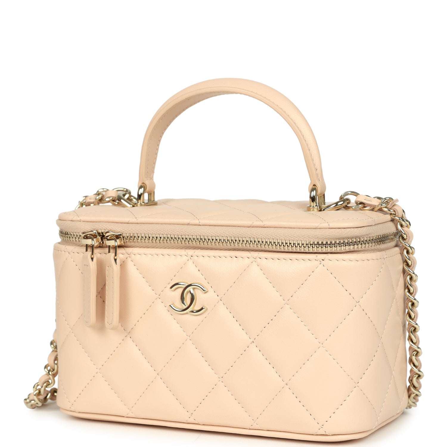 Chanel Small Top Handle Vanity Case Light Beige Lambskin Light Gold Hardware