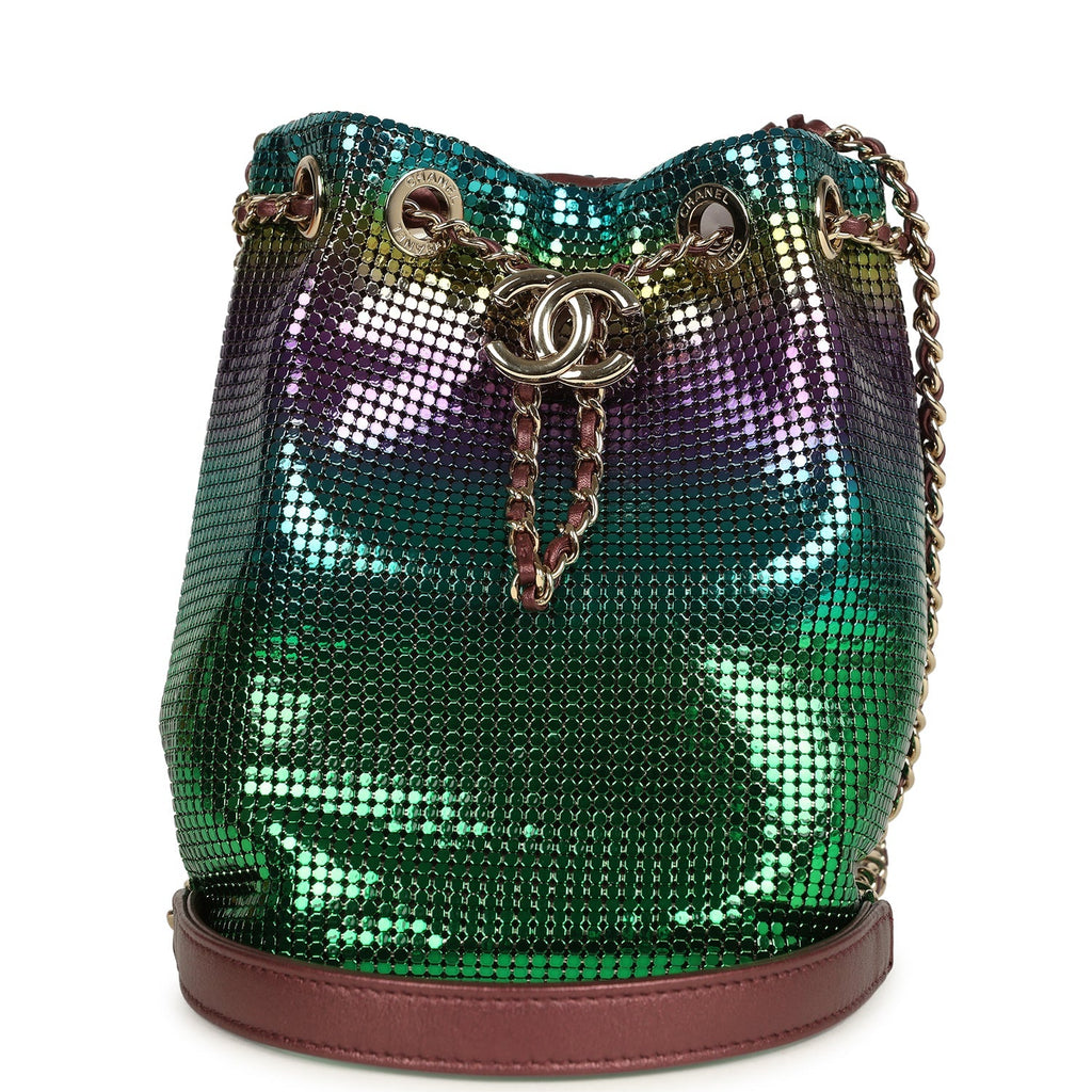 Chanel Mini Bucket Bag Green, Purple and Blue Ombre Metallic Mesh Light Gold Hardware