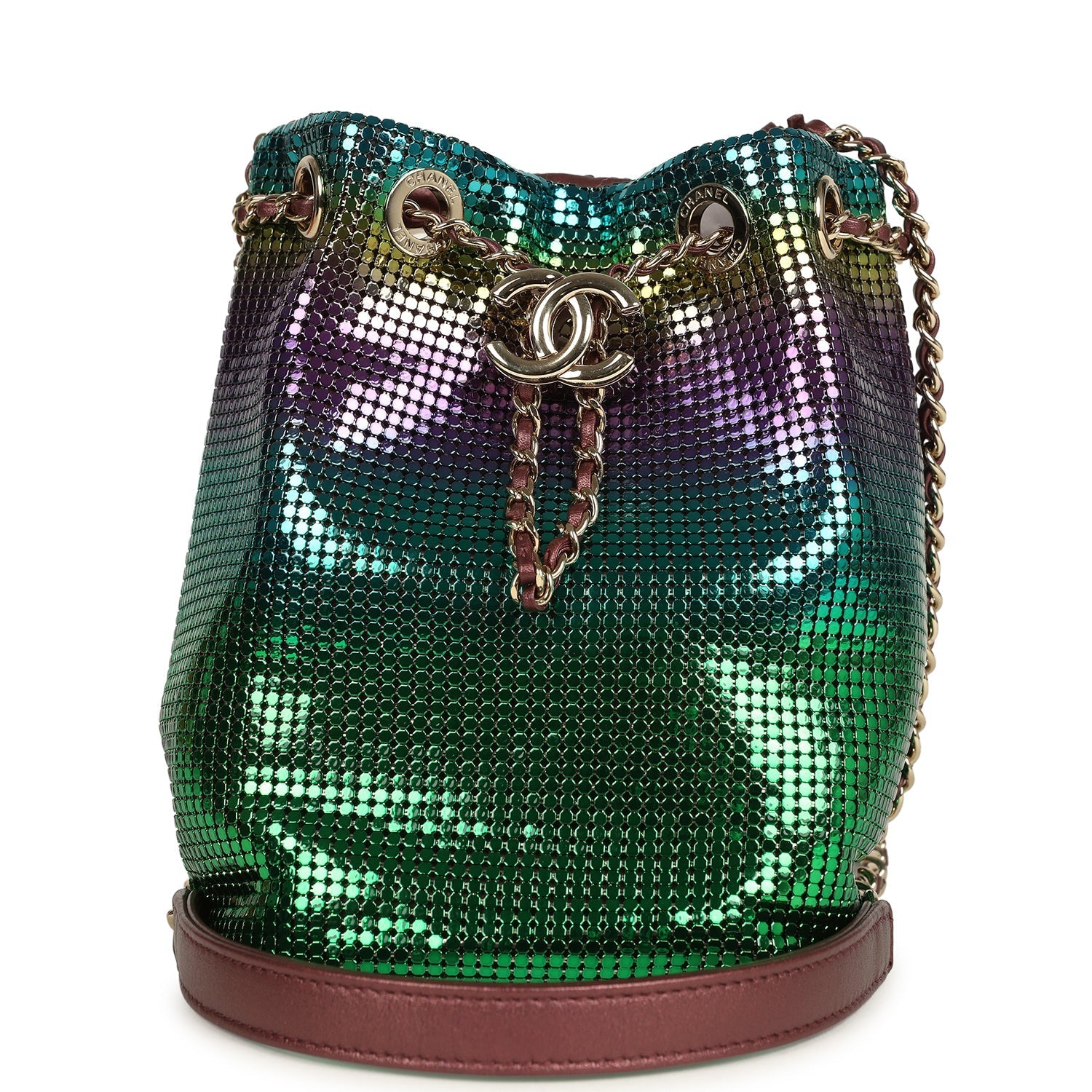 Chanel Mini Bucket Bag Green, Purple and Blue Ombre Metallic Mesh Light Gold Hardware