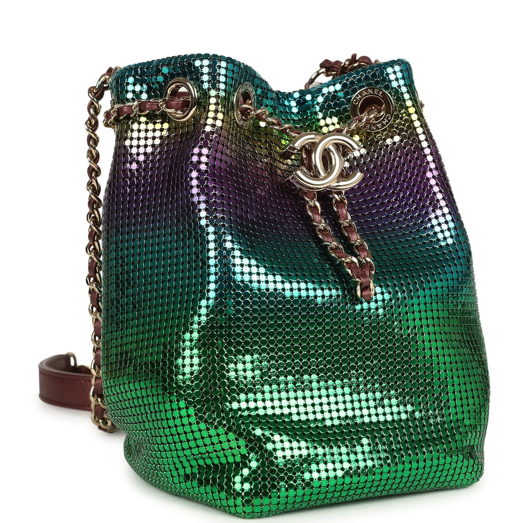 Chanel Mini Bucket Bag Green, Purple and Blue Ombre Metallic Mesh Light Gold Hardware