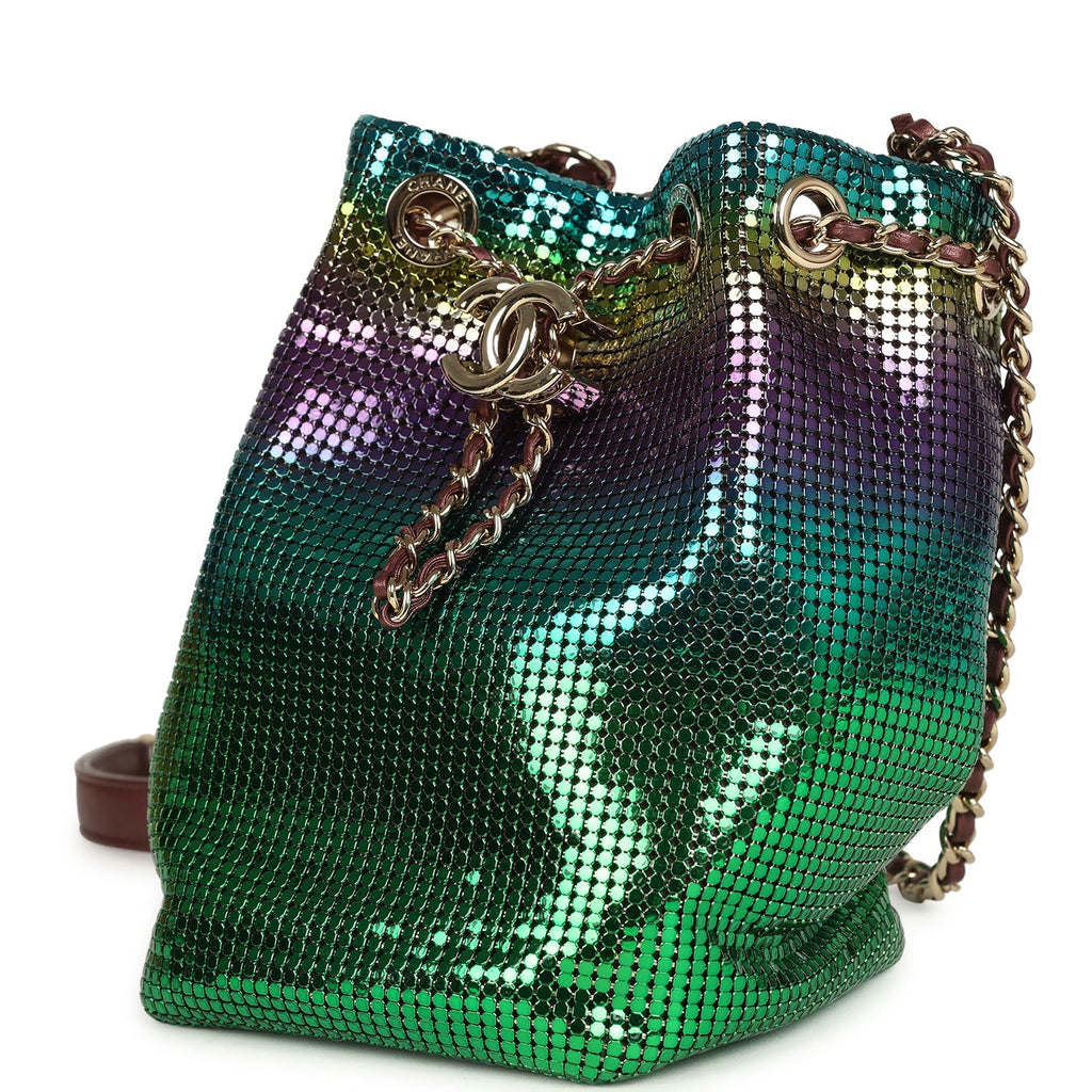 Chanel Mini Bucket Bag Green, Purple and Blue Ombre Metallic Mesh Light Gold Hardware