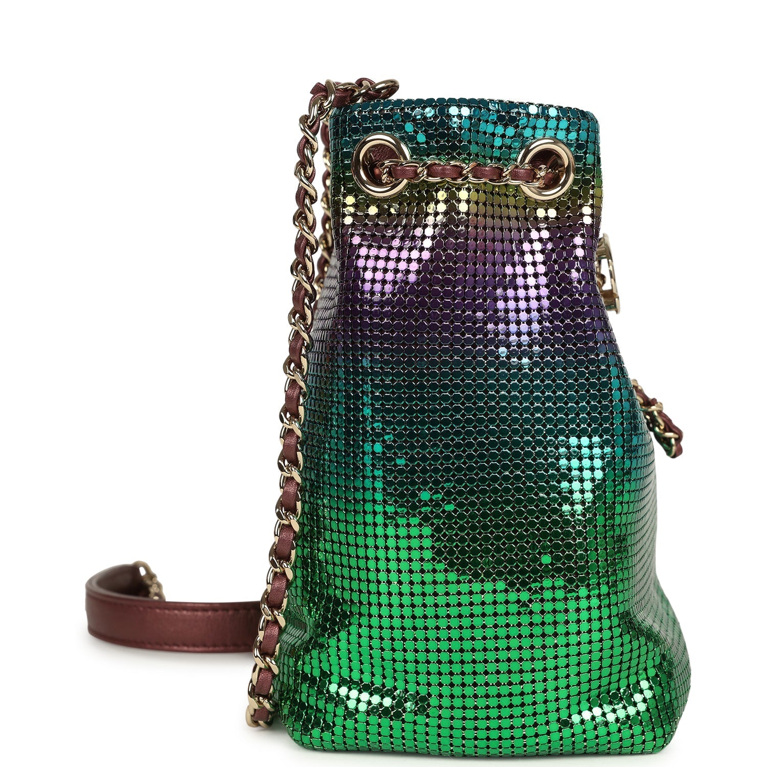 Chanel Mini Bucket Bag Green, Purple and Blue Ombre Metallic Mesh Light Gold Hardware