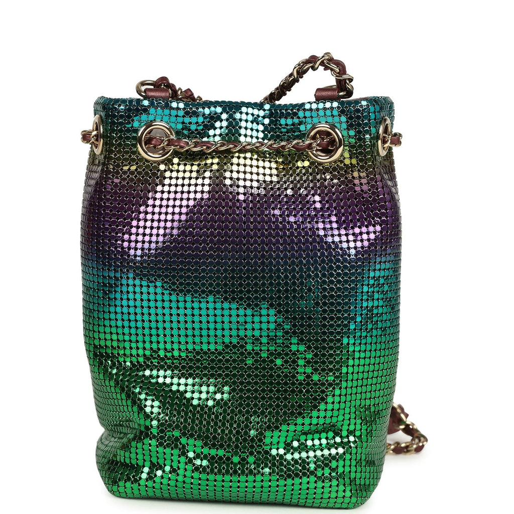 Chanel Mini Bucket Bag Green, Purple and Blue Ombre Metallic Mesh Light Gold Hardware