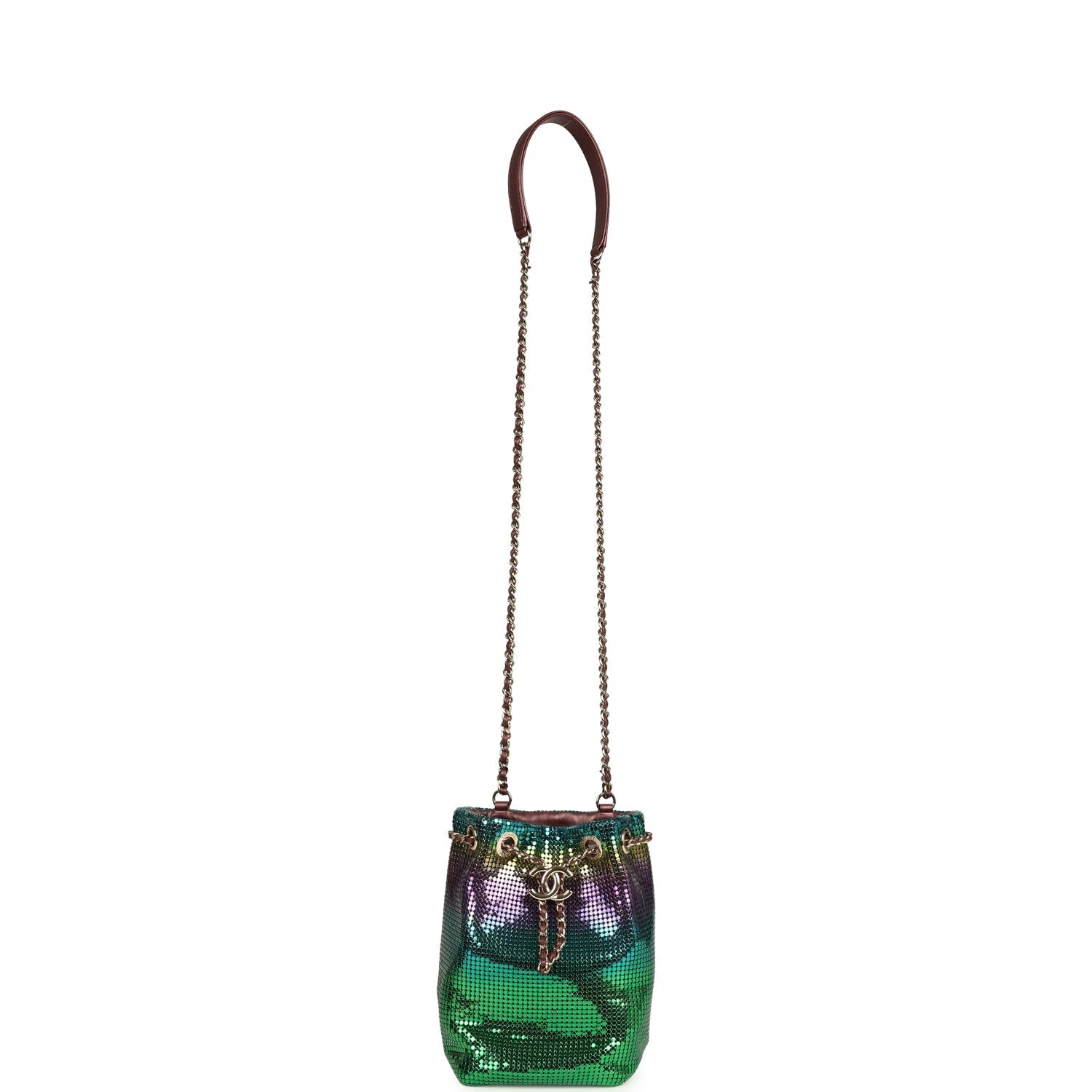 Chanel Mini Bucket Bag Green, Purple and Blue Ombre Metallic Mesh Light Gold Hardware