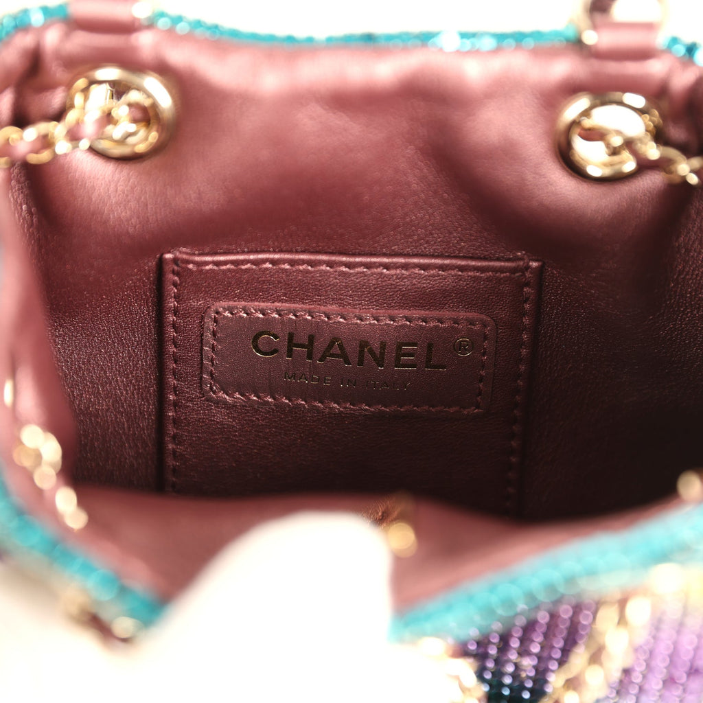 Chanel Mini Bucket Bag Green, Purple and Blue Ombre Metallic Mesh Light Gold Hardware