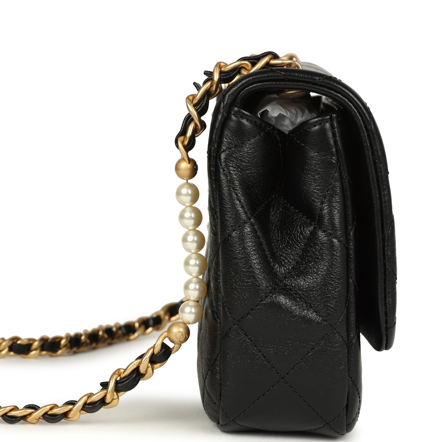 Chanel Small Pearl Flap Bag Black Shiny Calfskin Brushed Gold Hardware