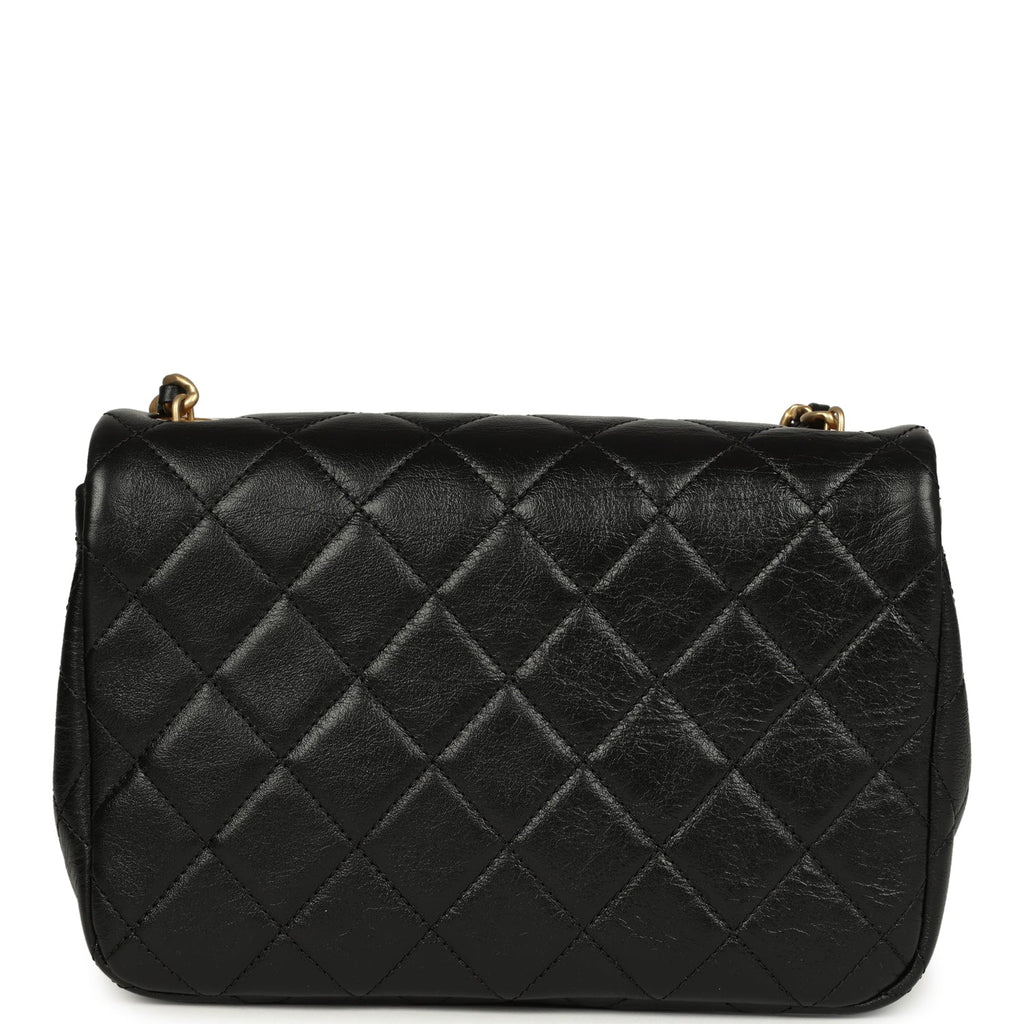 Chanel Small Pearl Flap Bag Black Shiny Calfskin Brushed Gold Hardware