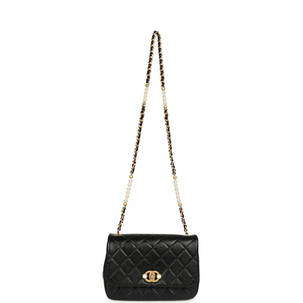 Chanel Small Pearl Flap Bag Black Shiny Calfskin Brushed Gold Hardware