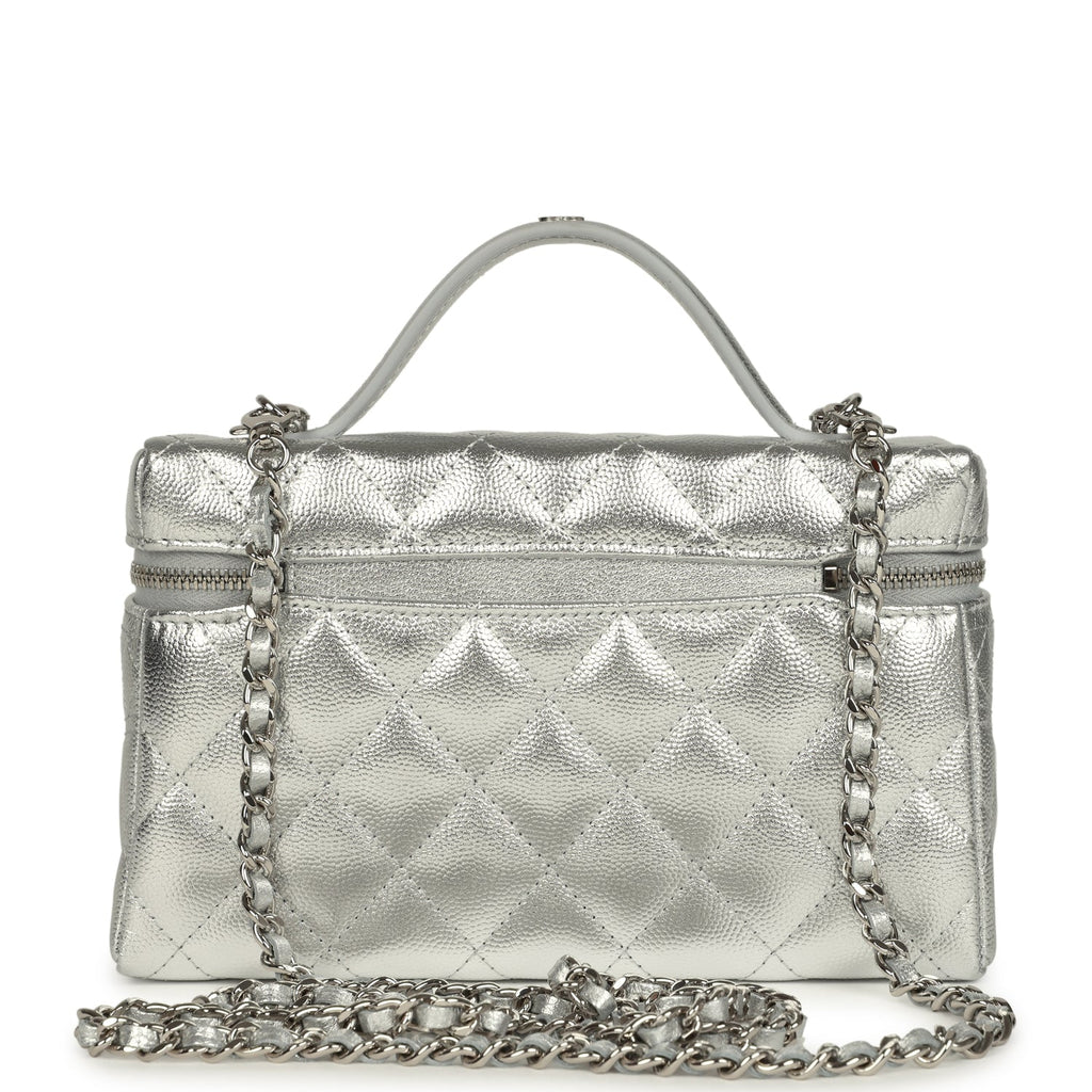 Chanel Top Handle Long Vanity Case with Chain Metallic Silver Shiny Caviar Silver Hardware