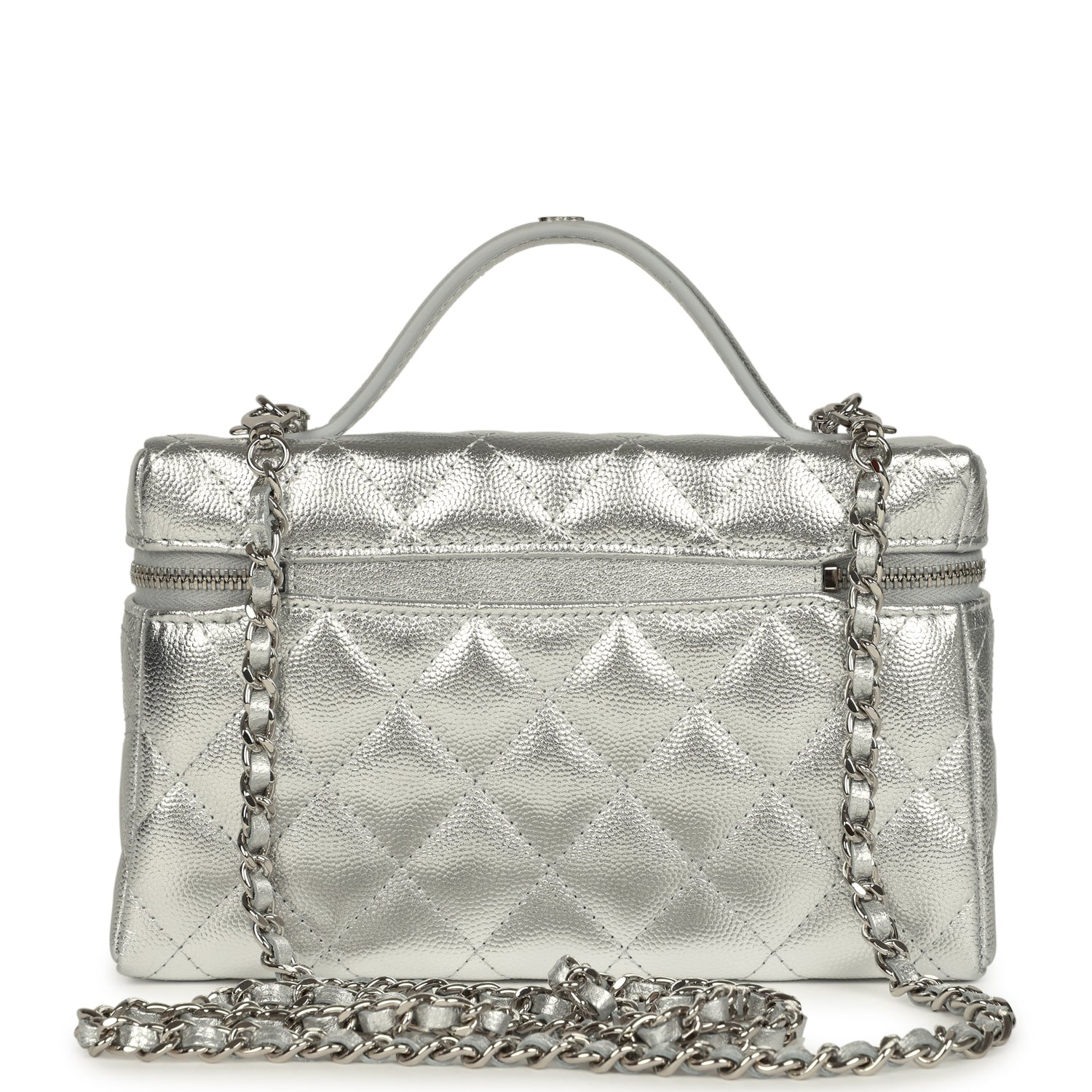 Chanel Top Handle Long Vanity Case with Chain Metallic Silver Shiny Caviar Silver Hardware