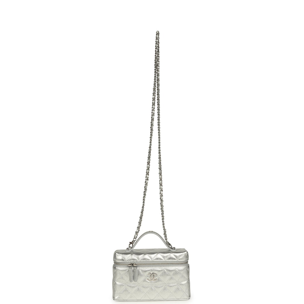 Chanel Top Handle Long Vanity Case with Chain Metallic Silver Shiny Caviar Silver Hardware