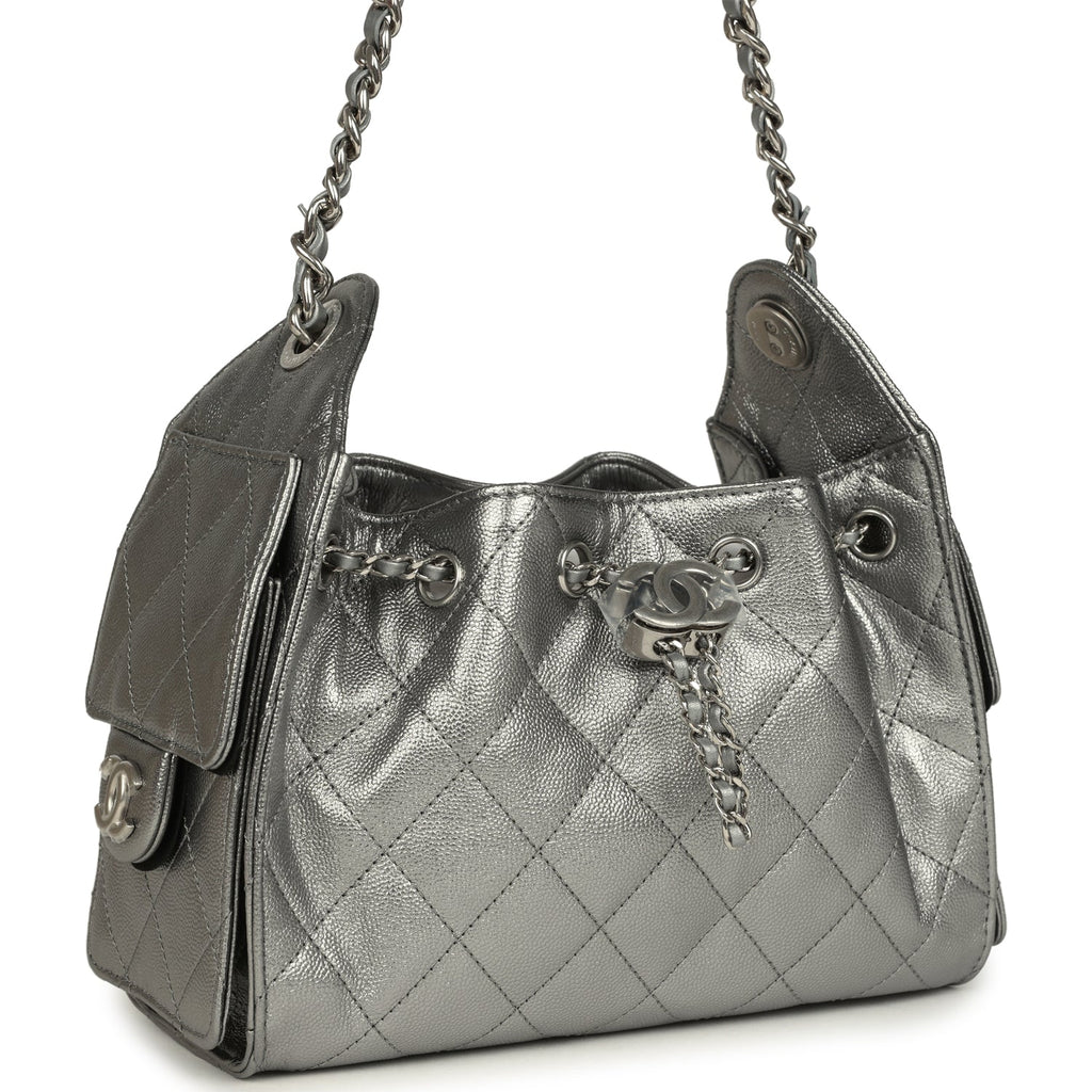 Chanel Mini 25 Hobo Bag Anthracite Metallic Caviar Silver Hardware