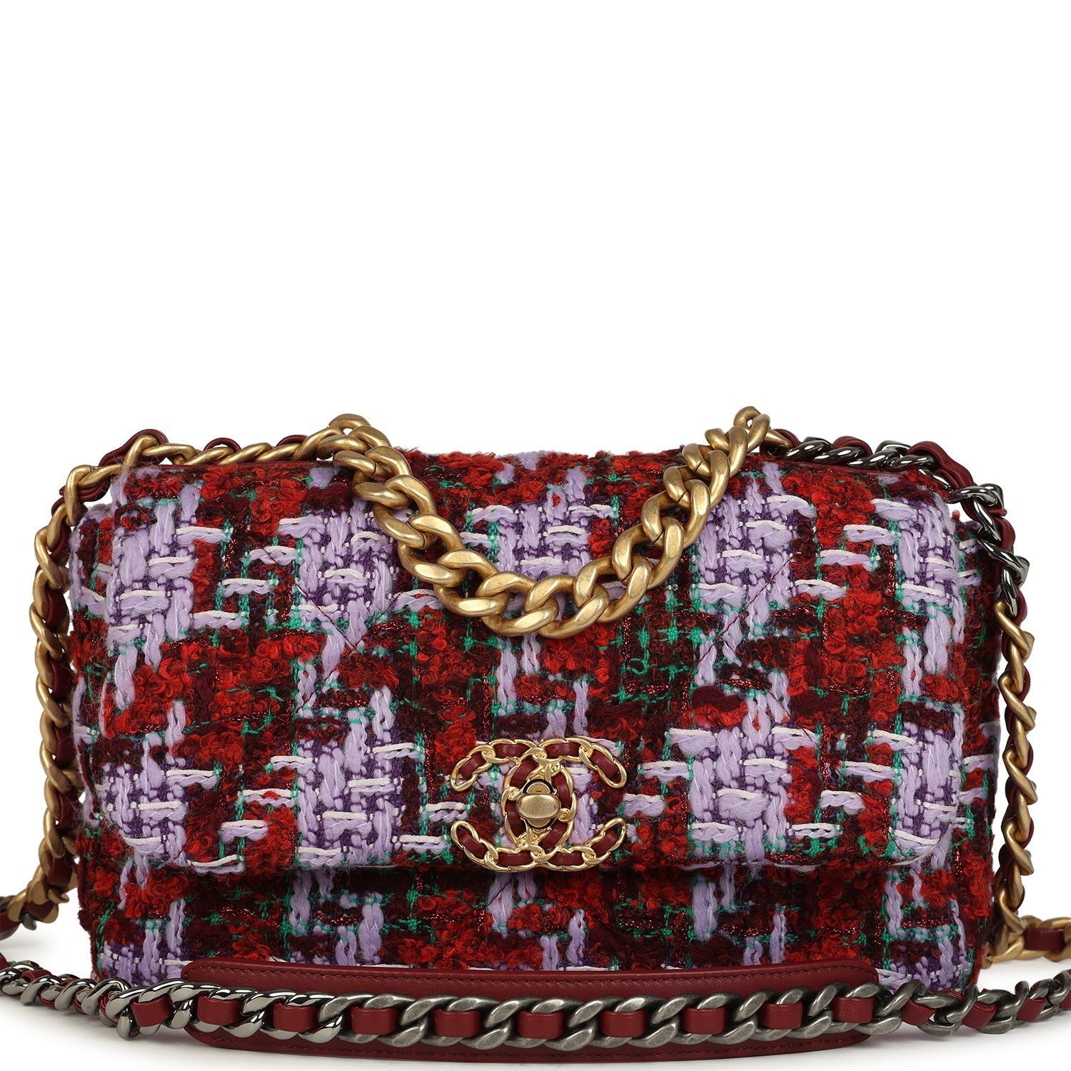 Chanel Medium 19 Flap Bag Burgundy, Purple, Red Tweed Mixed Metal Hardware