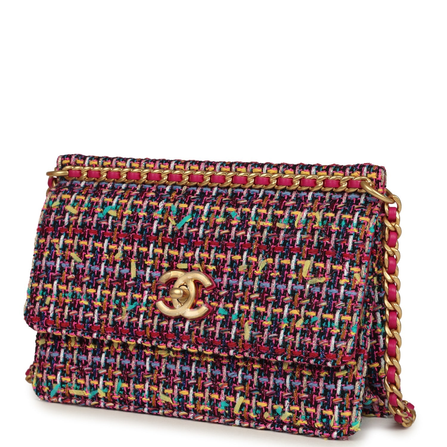 Chanel Mini Flap Bag Pink Multicolored Tweed Antique Gold Hardware