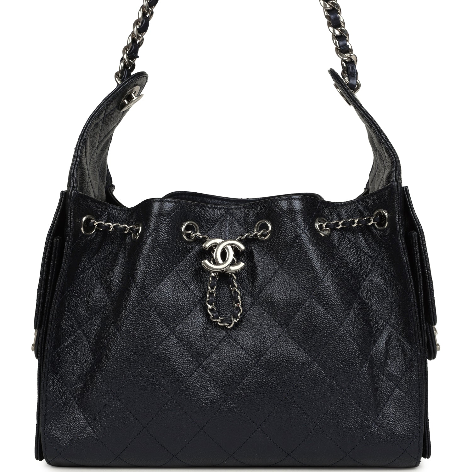 Chanel Small 25 Hobo Bag Dark Blue Metallic Caviar Silver Hardware