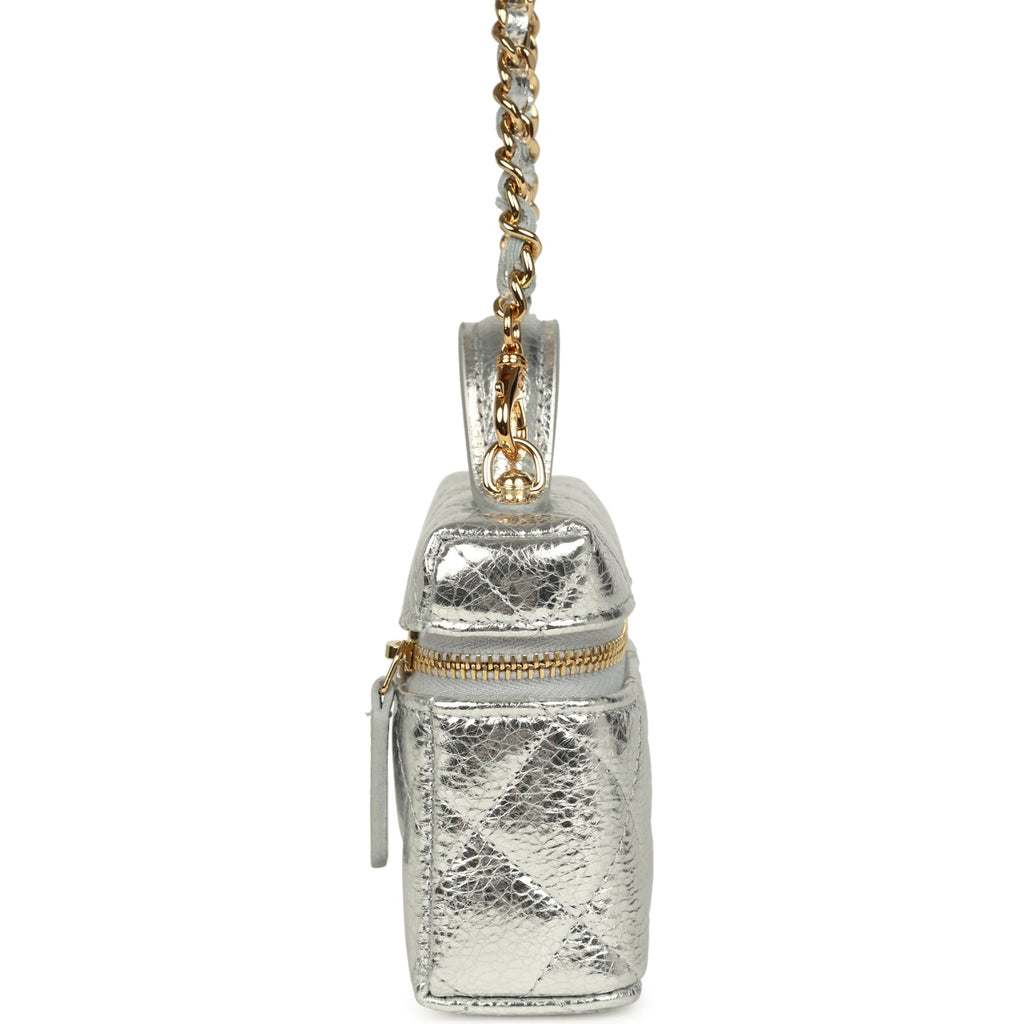 Chanel Micro Top Handle Vanity Case Bag Charm Metallic Silver Aged Calfskin Gold Hardware