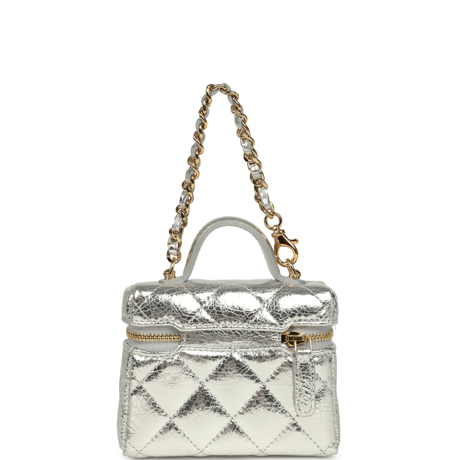 Chanel Micro Top Handle Vanity Case Bag Charm Metallic Silver Aged Calfskin Gold Hardware