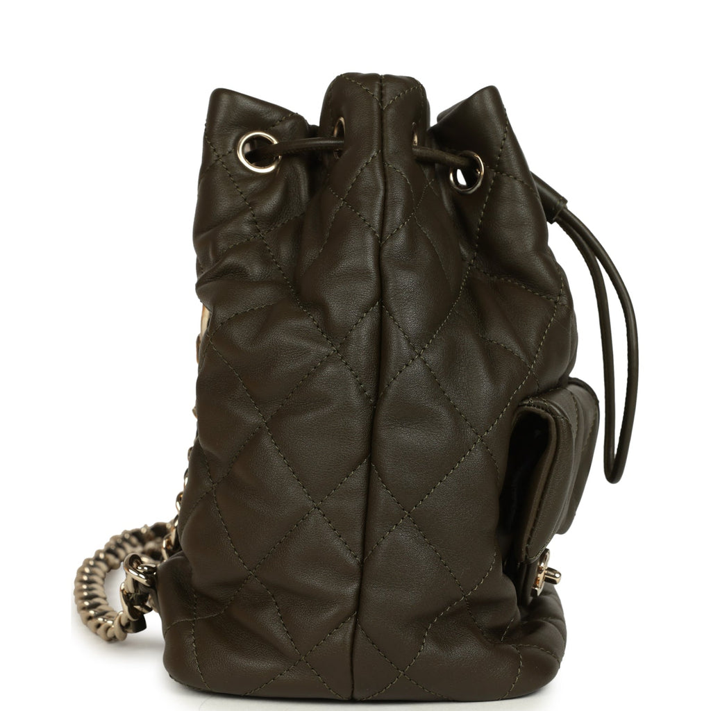 Chanel Mini Duma Drawstring Backpack Khaki Lambskin Light Gold Hardware