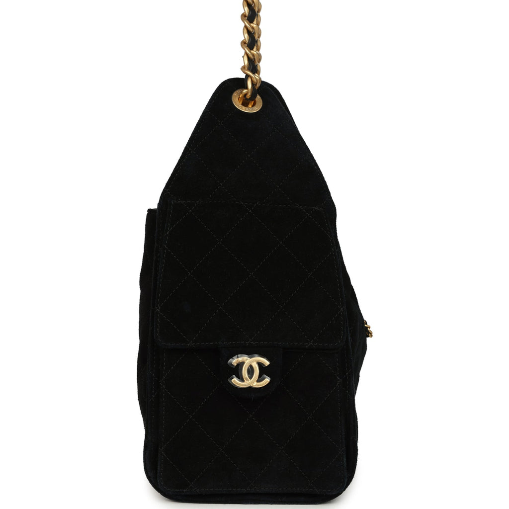 Chanel Small 25 Hobo Bag Black Suede Antique Gold Hardware