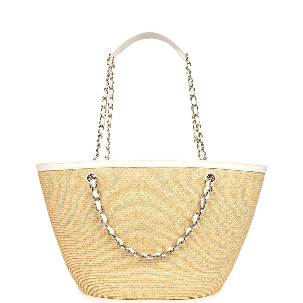 Chanel Large Shopping Tote Bag Beige Raffia and White Lambskin Light Gold Hardware