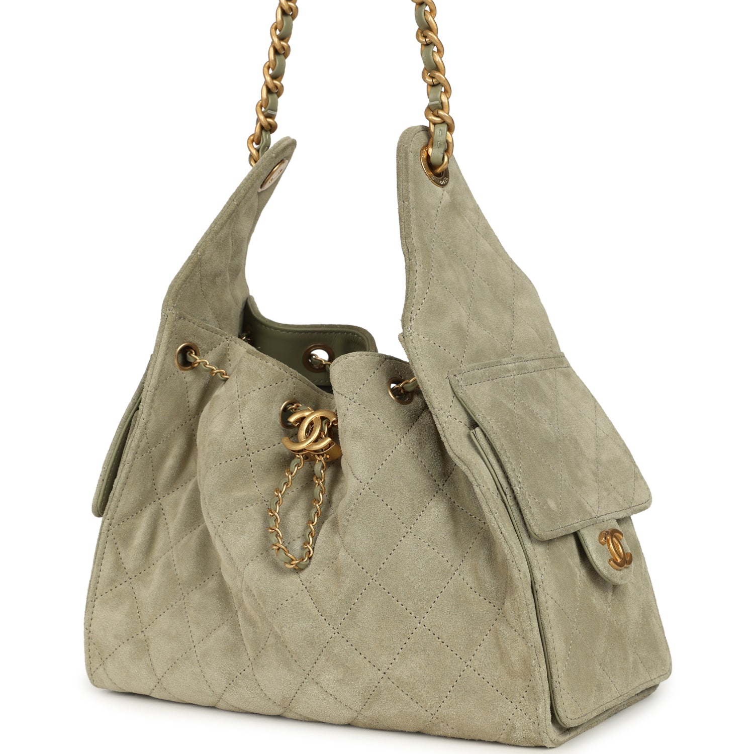 Chanel Small 25 Hobo Bag Olive Green Suede Antique Gold Hardware