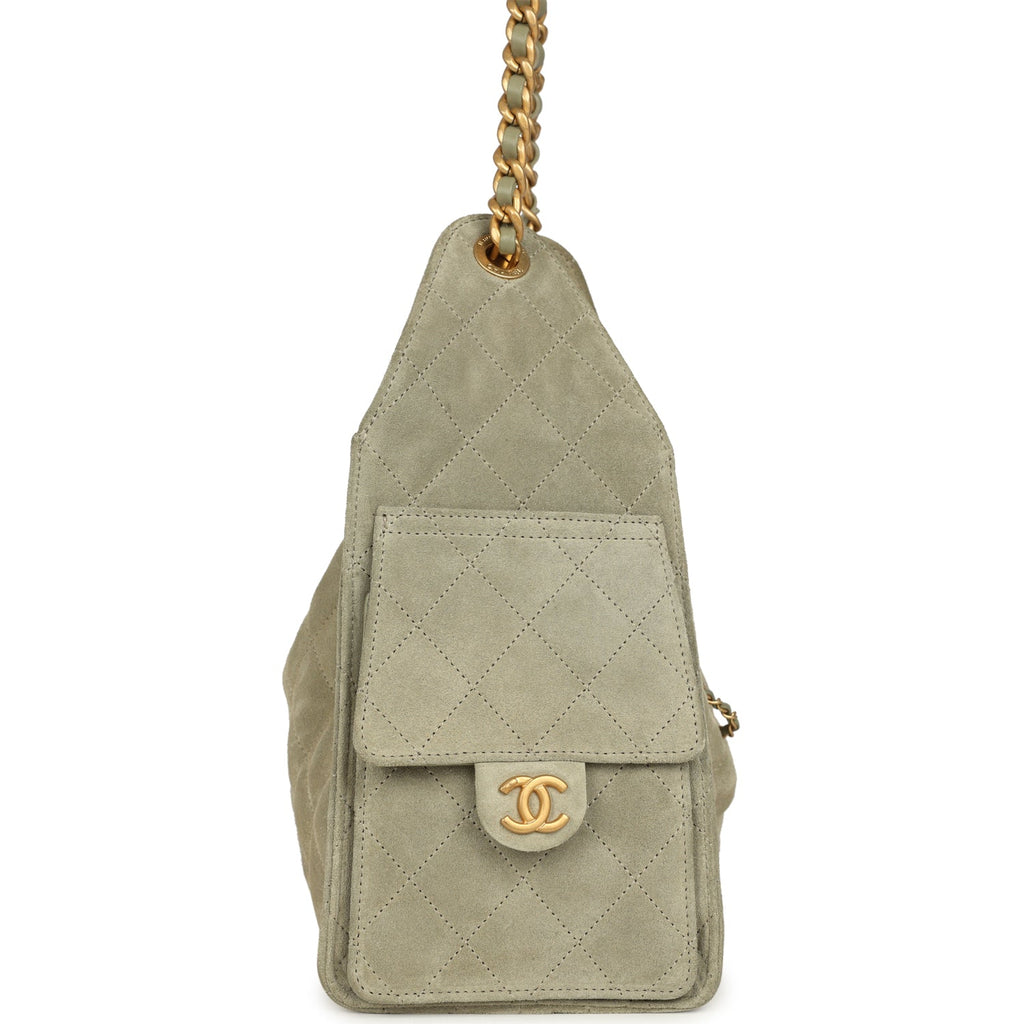 Chanel Small 25 Hobo Bag Olive Green Suede Antique Gold Hardware