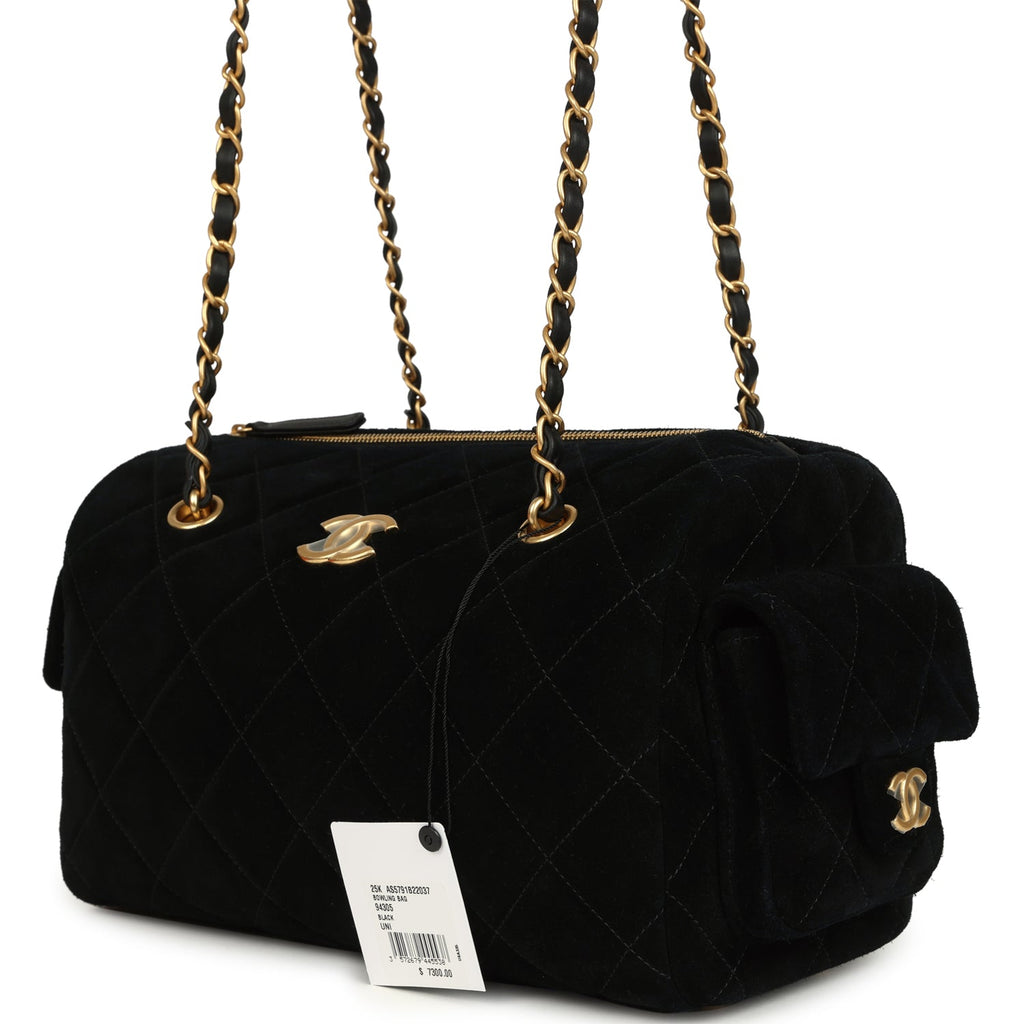 Chanel Small Bowling Bag Black Suede Antique Gold Hardware