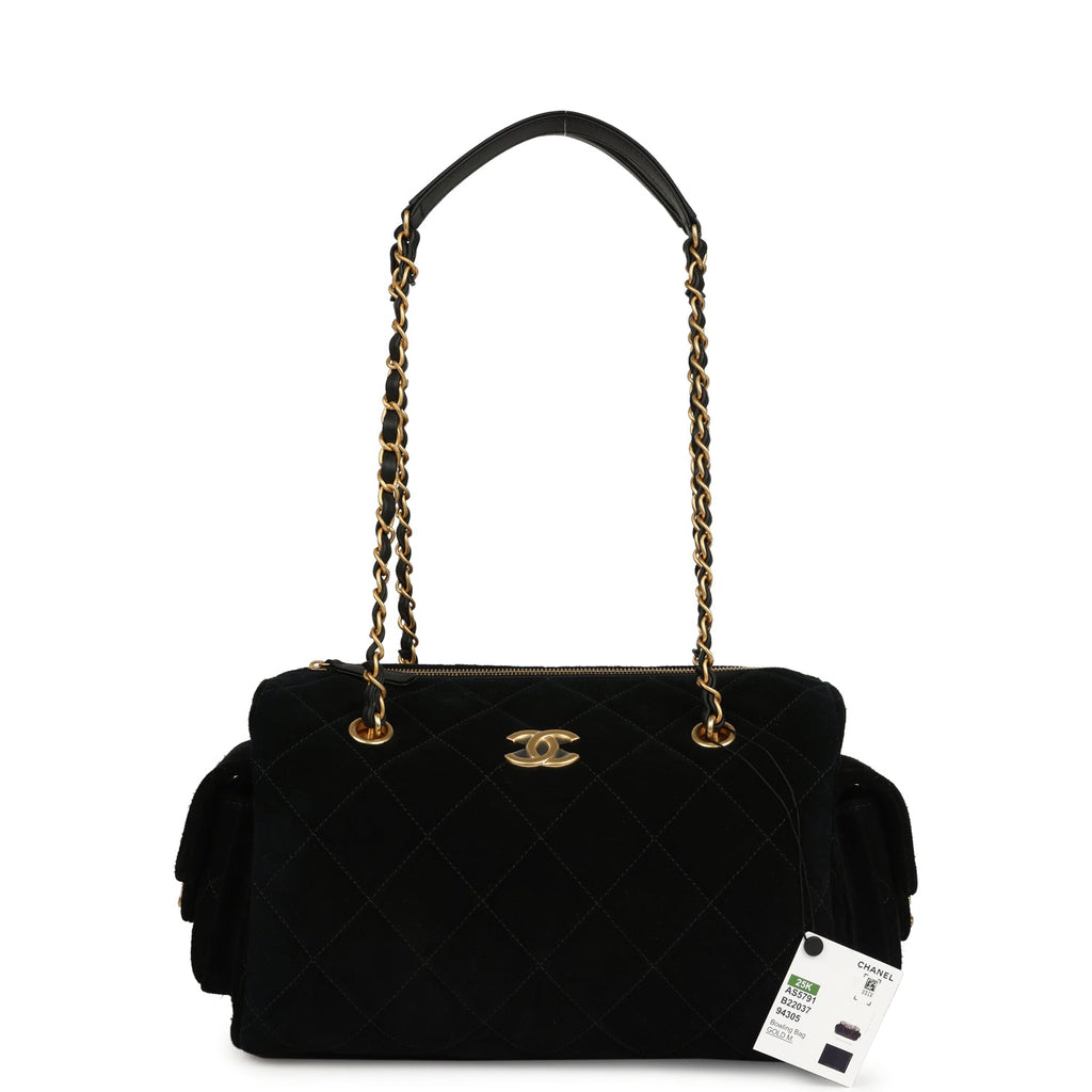 Chanel Small Bowling Bag Black Suede Antique Gold Hardware