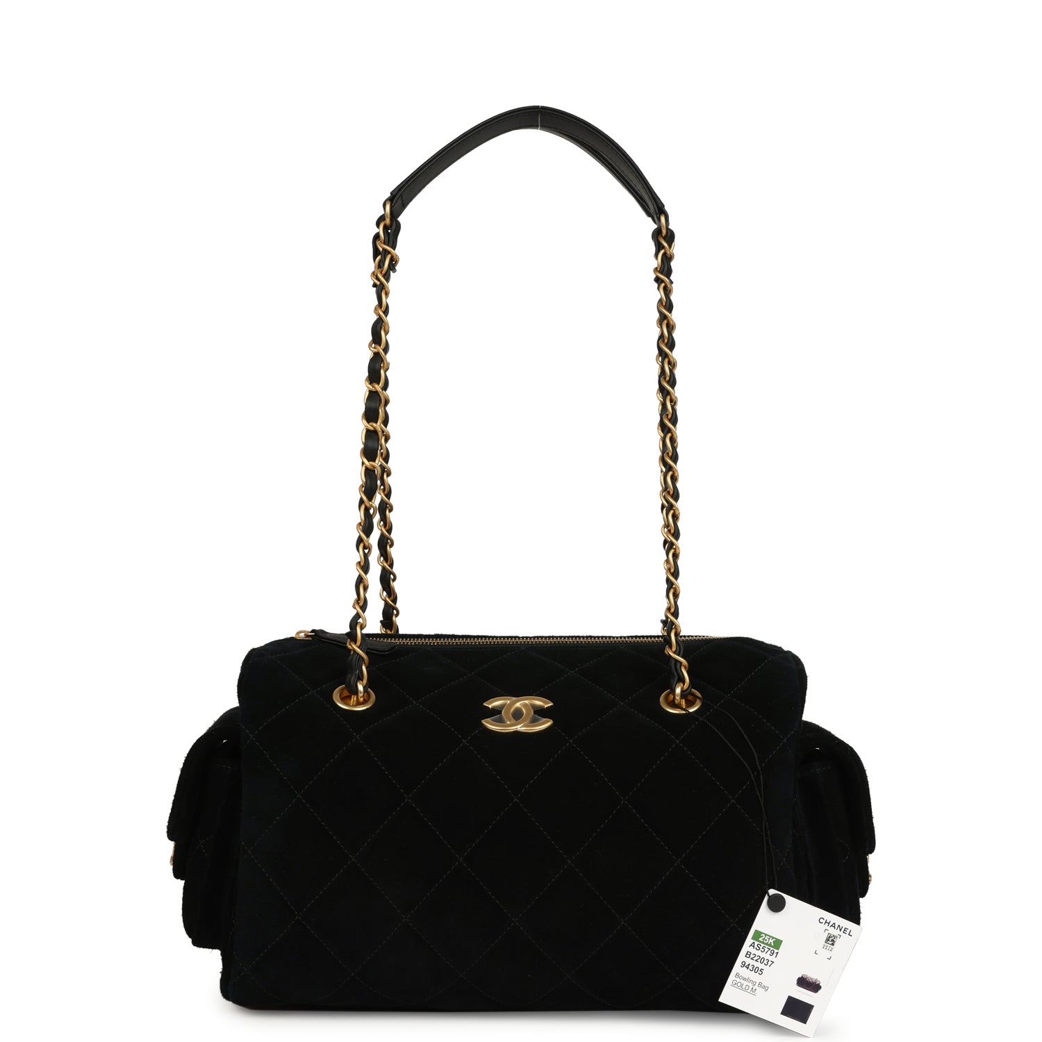 Chanel Small Bowling Bag Black Suede Antique Gold Hardware