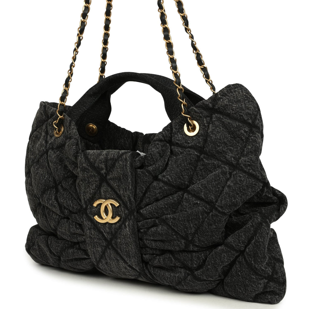 Chanel Maxi Bow Bag Black Washed Denim Antique Gold Hardware