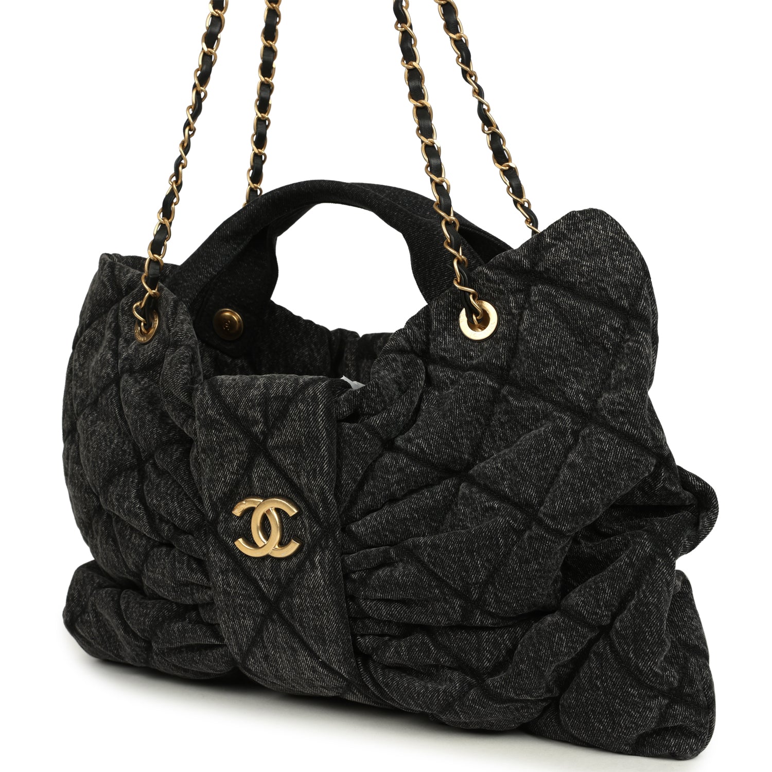 Chanel Maxi Bow Bag Black Washed Denim Antique Gold Hardware