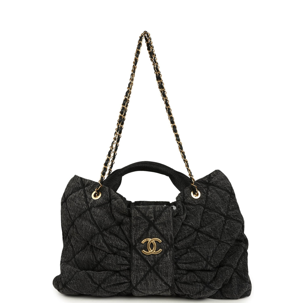 Chanel Maxi Bow Bag Black Washed Denim Antique Gold Hardware
