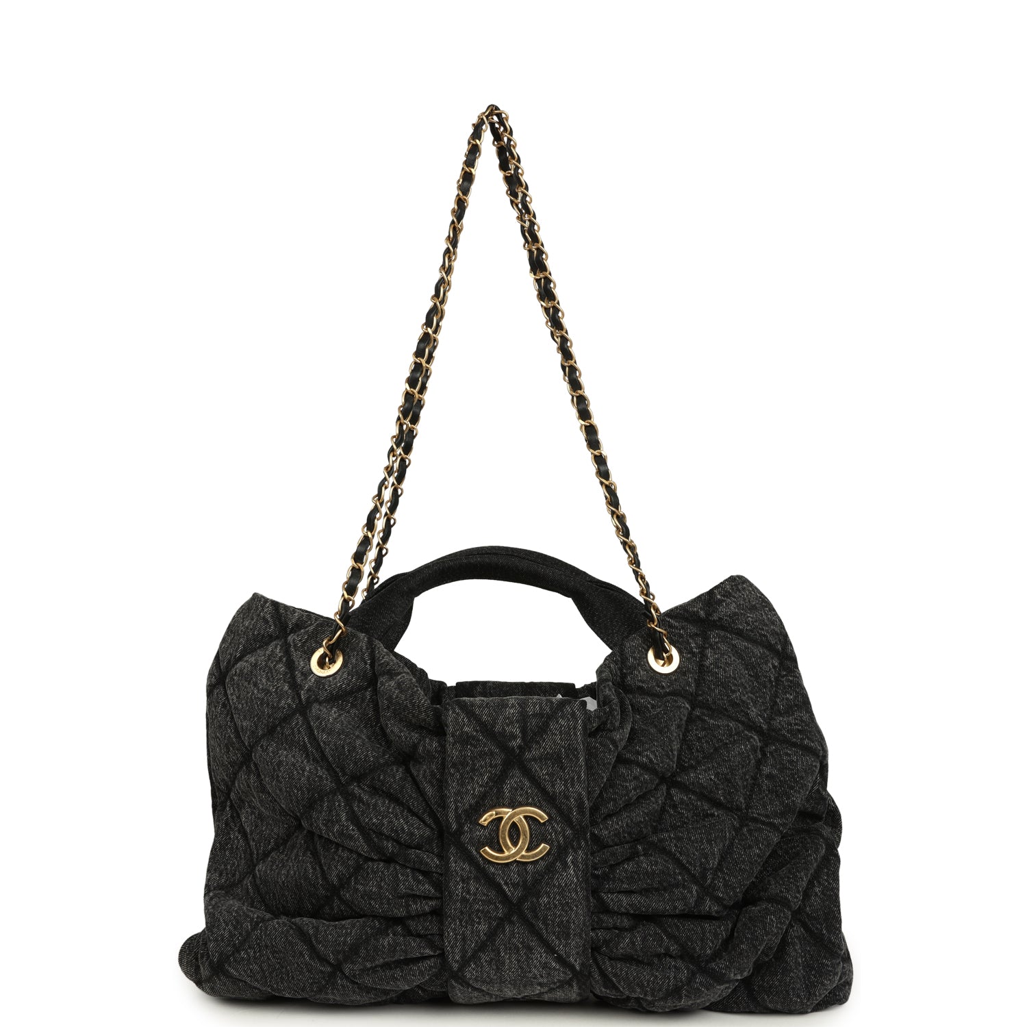 Chanel Maxi Bow Bag Black Washed Denim Antique Gold Hardware