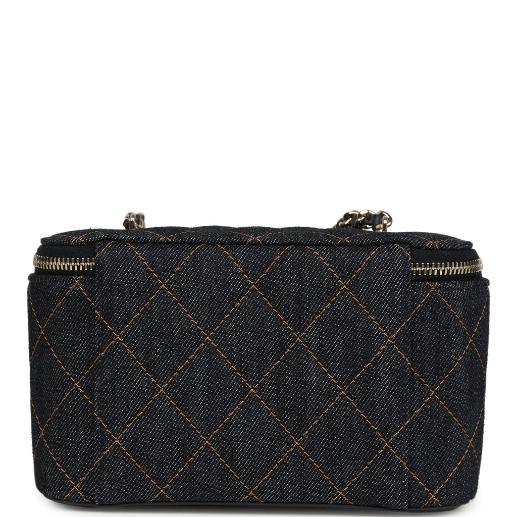 Chanel Small Classic Vanity Case Dark Blue Denim Light Gold Hardware
