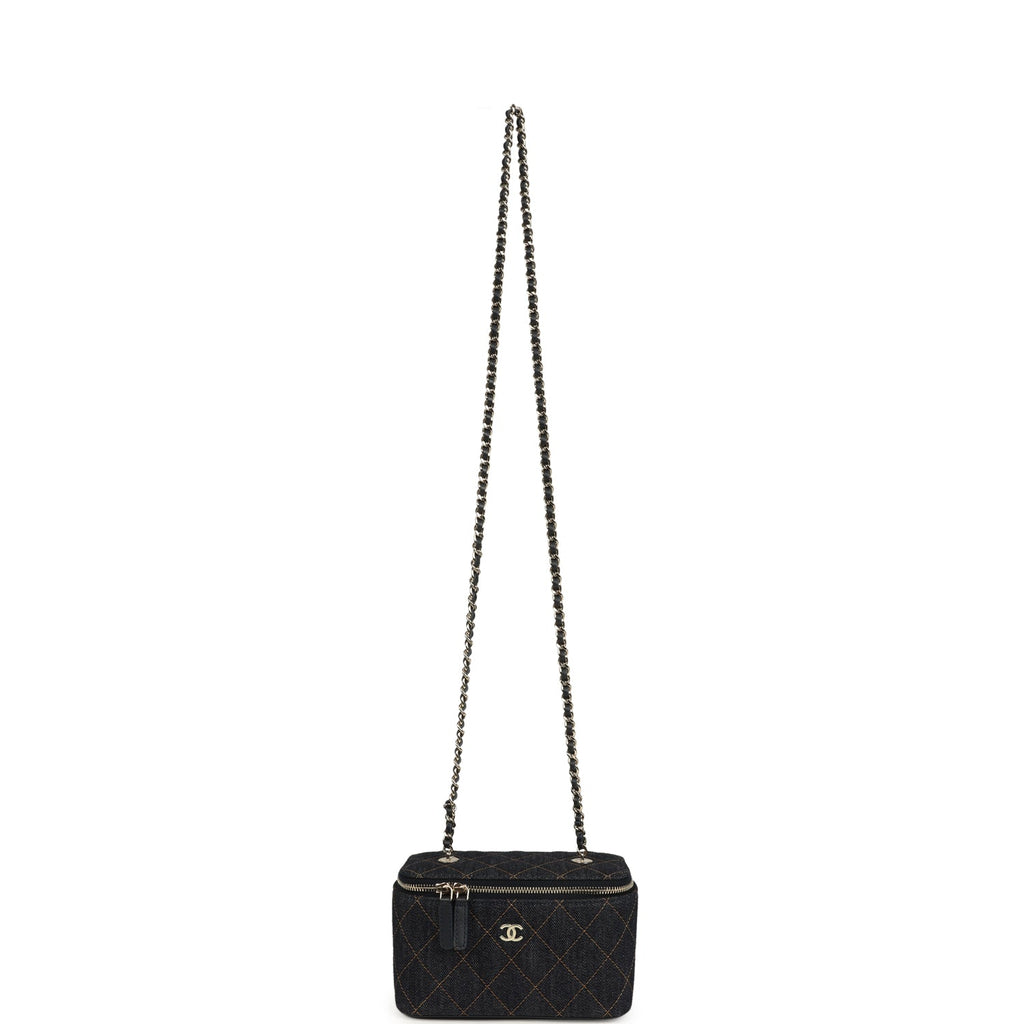 Chanel Small Classic Vanity Case Dark Blue Denim Light Gold Hardware