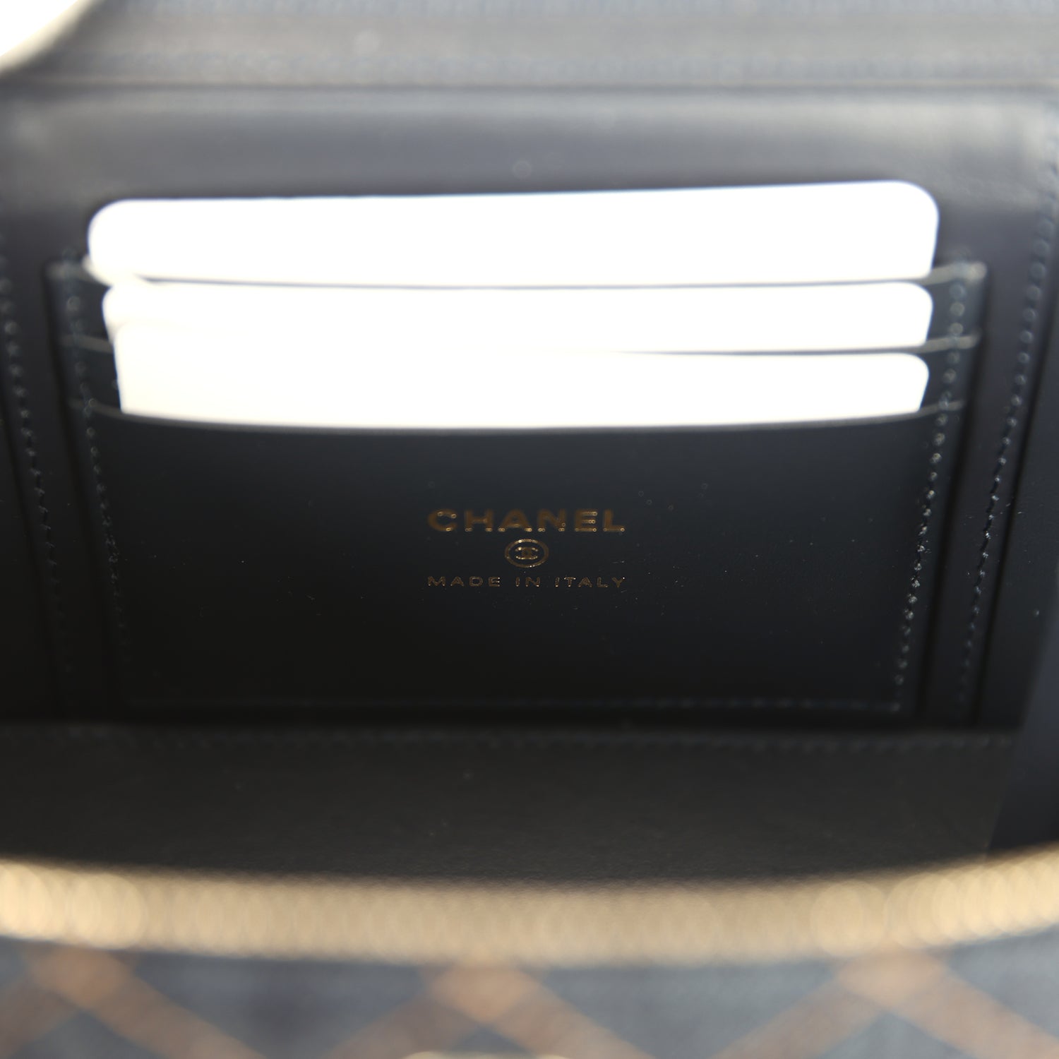 Chanel Small Classic Vanity Case Dark Blue Denim Light Gold Hardware