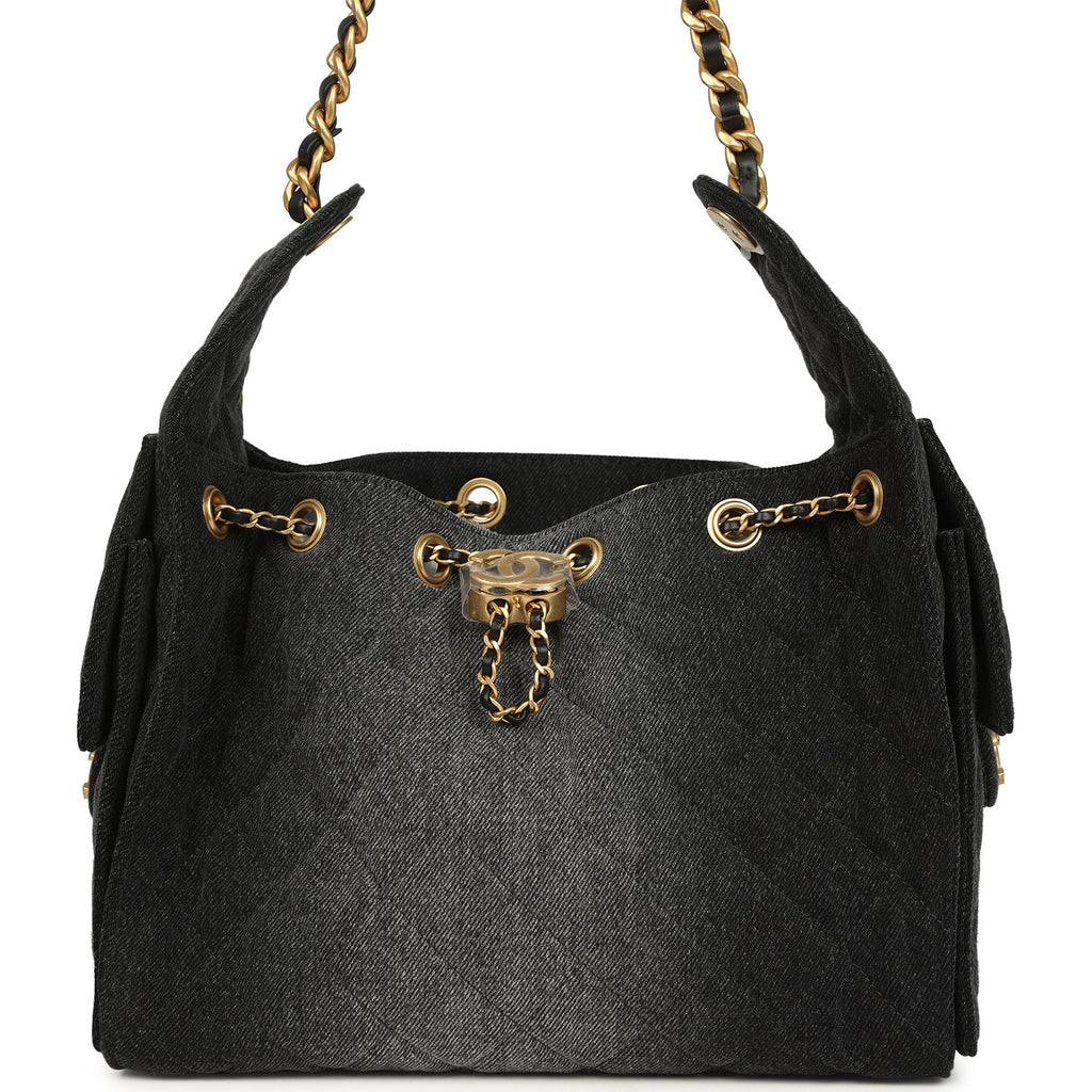 Chanel Small 25 Hobo Bag Black Washed Denim Antique Gold Hardware
