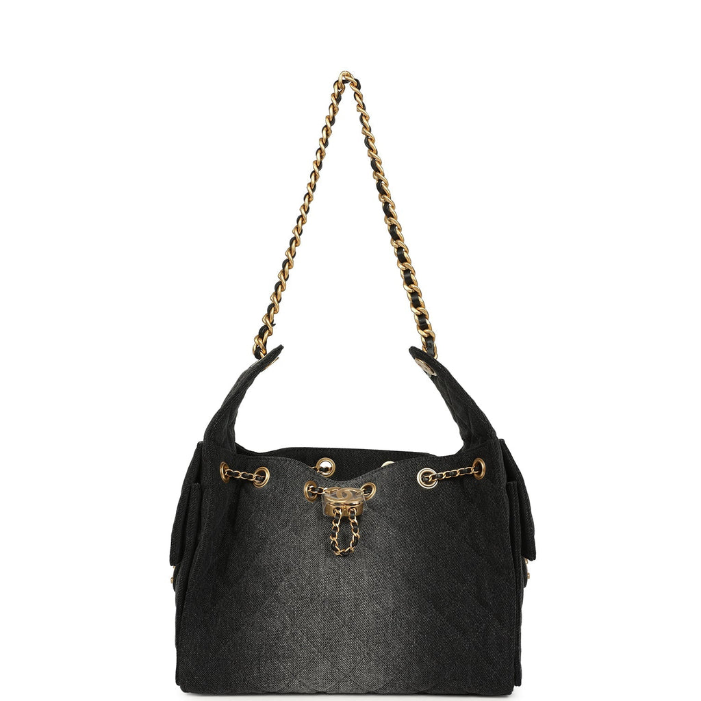 Chanel Small 25 Hobo Bag Black Washed Denim Antique Gold Hardware