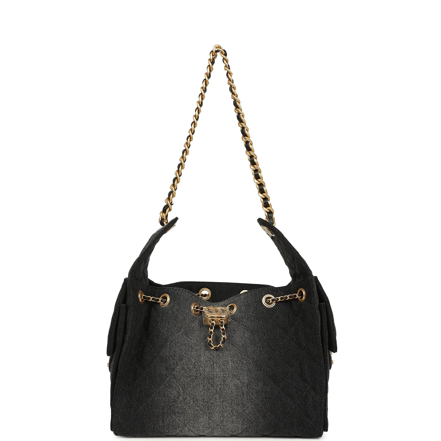Chanel Small 25 Hobo Bag Black Washed Denim Antique Gold Hardware