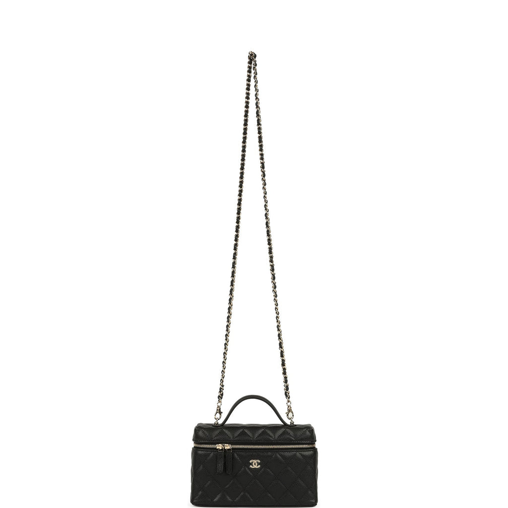 Chanel Top Handle Long Vanity Case with Chain Black Caviar Light Gold Hardware