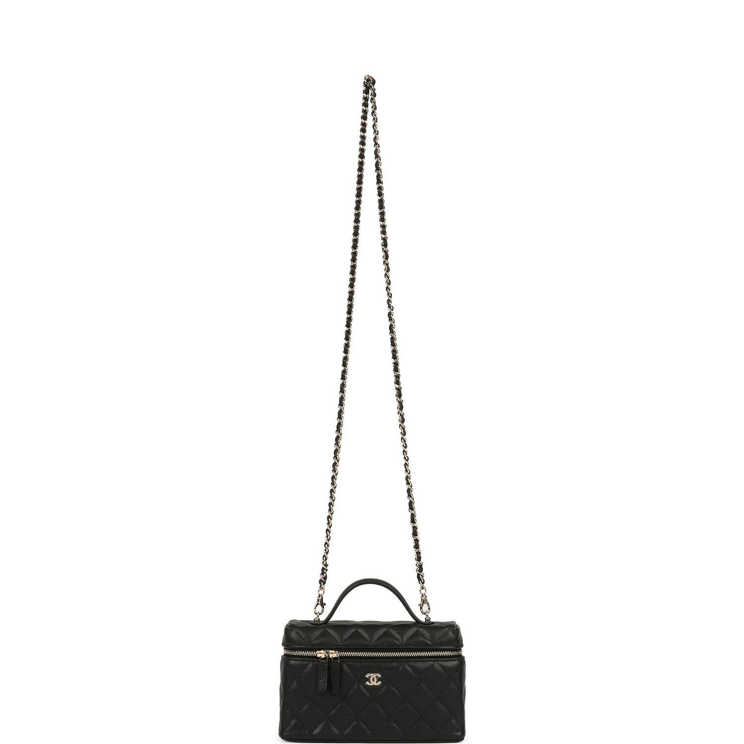 Chanel Top Handle Long Vanity Case with Chain Black Caviar Light Gold Hardware
