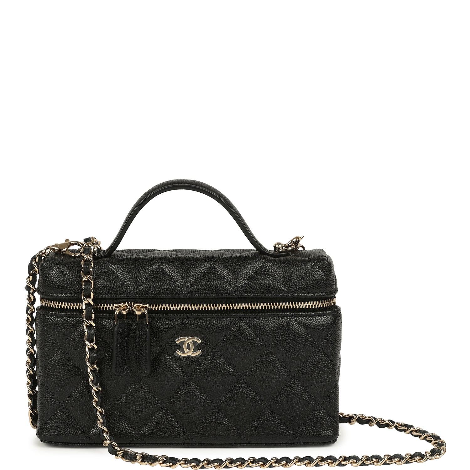 Chanel Top Handle Long Vanity Case with Chain Black Caviar Light Gold Hardware